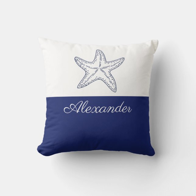 Coastal Modern Navy Blue White Monogram Starfish Throw Pillow (Front)