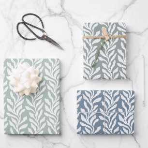 Coastal Modern Organic Seaweed Blue and Sage Green Wrapping Paper Sheets