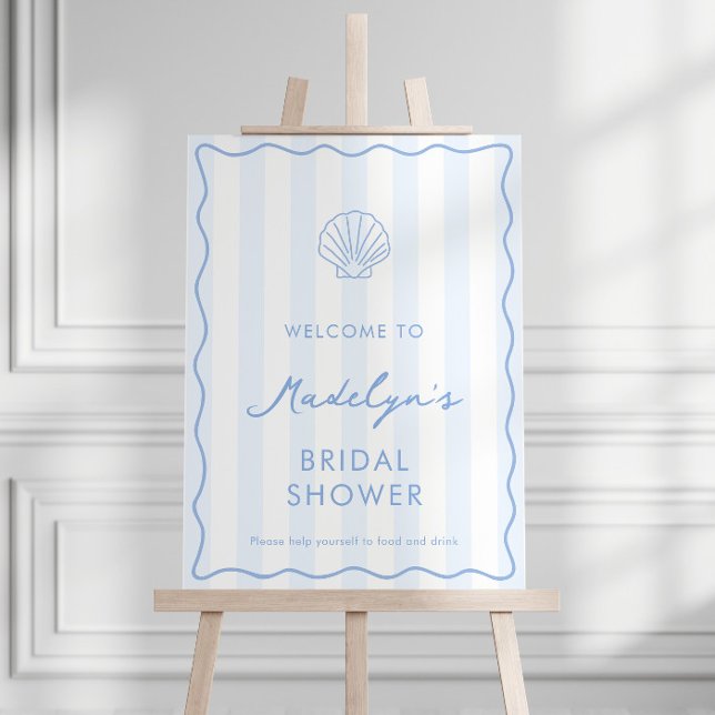 Coastal Modern Shell Bridal Shower Welcome Sign (Modern hand-drawn coastal bridal shower welcome sign with wide pale blue and white stripes)
