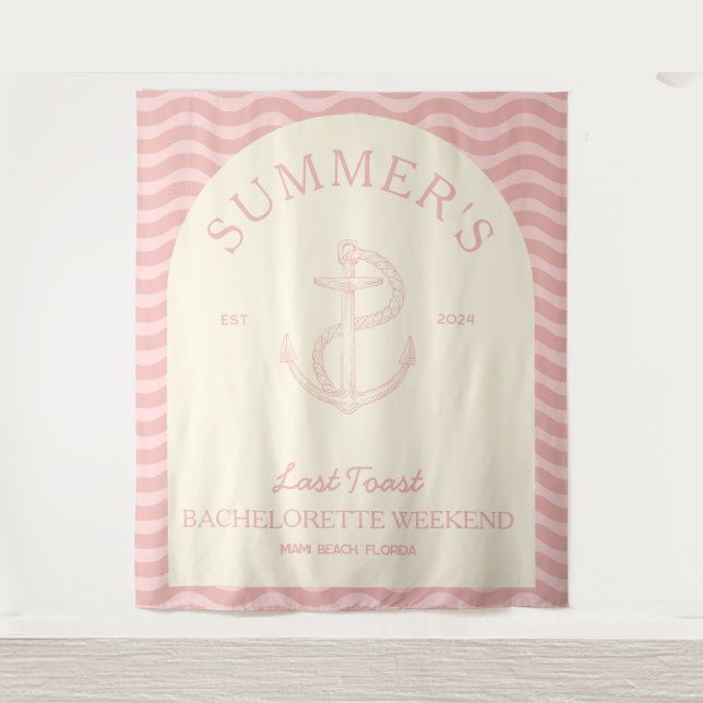 Coastal Modern Tropical Pink Retro Bachelorette Tapestry (Front)