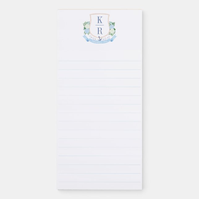Coastal Monogram Blue And White Crest Magnetic Notepad (Front)