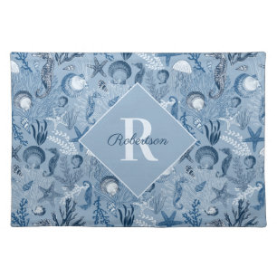 Coastal Monogram Blue Ocean Sea Life Cloth Placemat