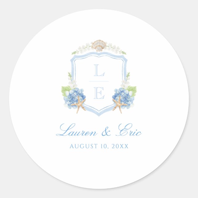 Coastal Monogram Crest Wedding Classic Round Sticker (Front)