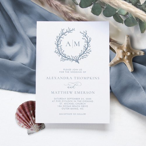 Coastal Monogram Dusty Blue Beach Wedding Invitation