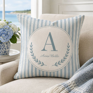 Coastal Monogram Laurel Heirloom Ticking Stripes Throw Pillow