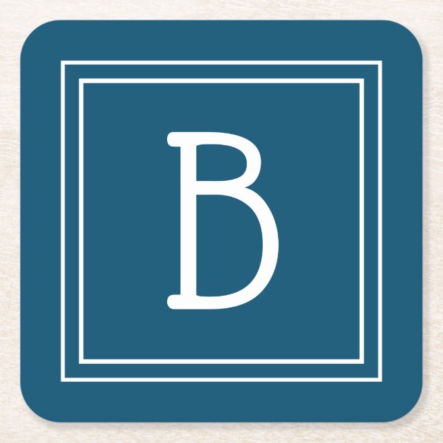 Coastal Monogrammed Ocean Blue & White Initial Square Paper Coaster (Front)