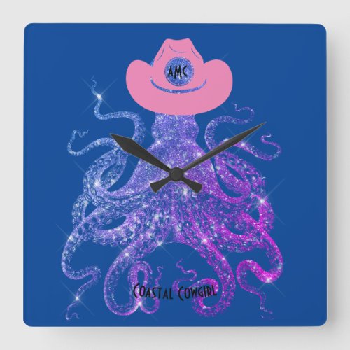 Coastal Monogrammed Pink Blue Silver Wall Clock