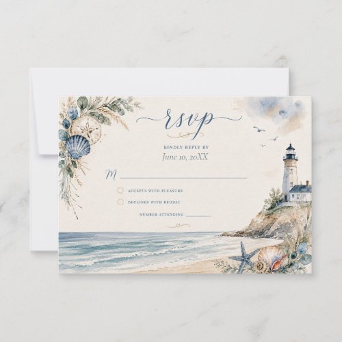 Coastal Nantucket Lighthouse Beach Wedding RSVP  Card