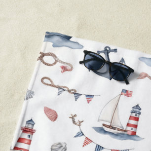 Coastal Nautical 4th of July Sailboats Lighthouse Beach Towel