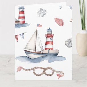 Coastal Nautical 4th of July Sailboats Lighthouse  Card