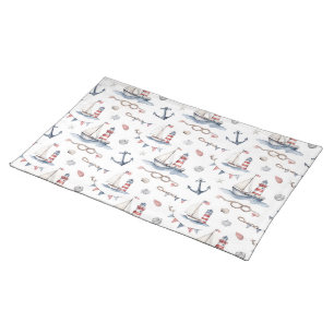 Coastal Nautical 4th of July Sailboats Lighthouse Cloth Placemat