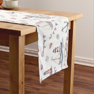 Coastal Nautical 4th of July Sailboats Lighthouse Short Table Runner