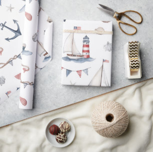 Coastal Nautical 4th of July Sailboats Lighthouse  Wrapping Paper