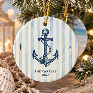 Coastal Nautical Anchor Watercolor Stripe Photo Ceramic Ornament