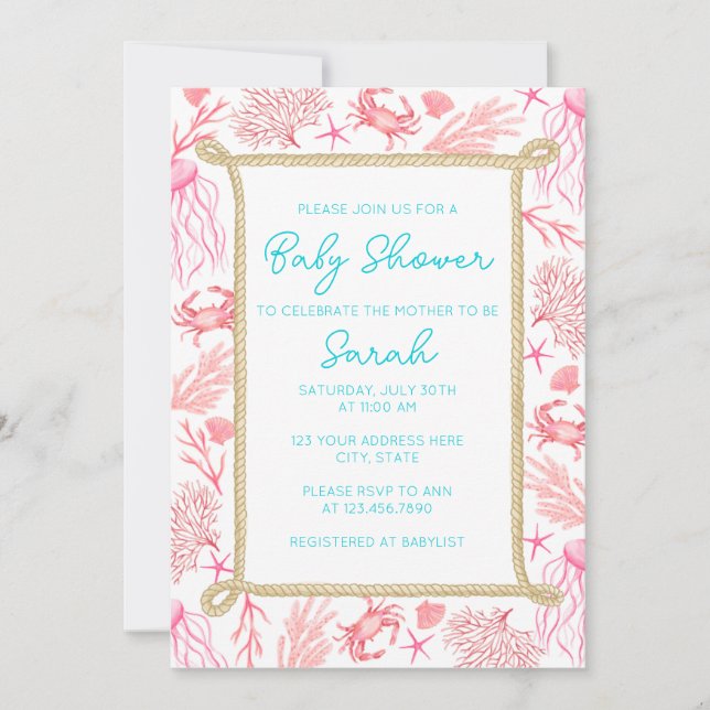 Coastal Nautical Baby Shower Invitation Girl (Front)