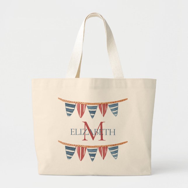 Coastal Nautical Beach Flags Monogram Large Tote Bag (Front)