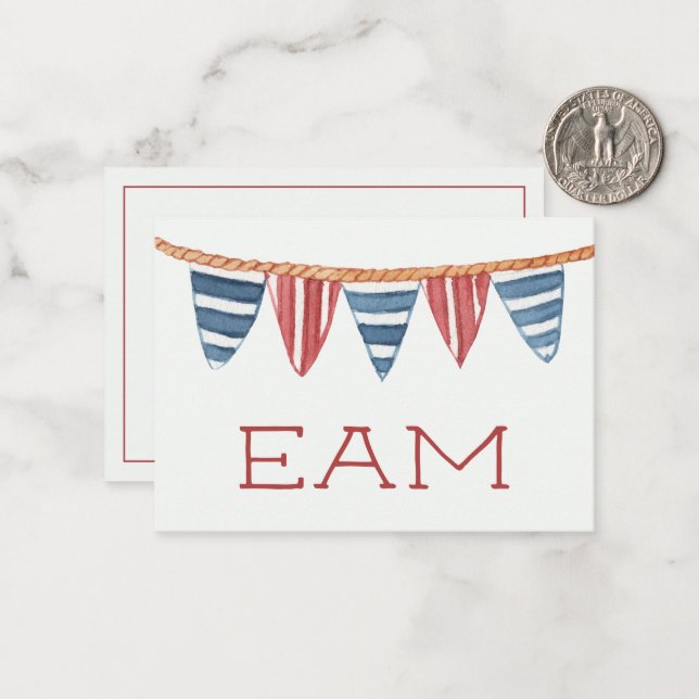 Coastal Nautical Beach Flags Monogram Note Card (Front/Back In Situ)