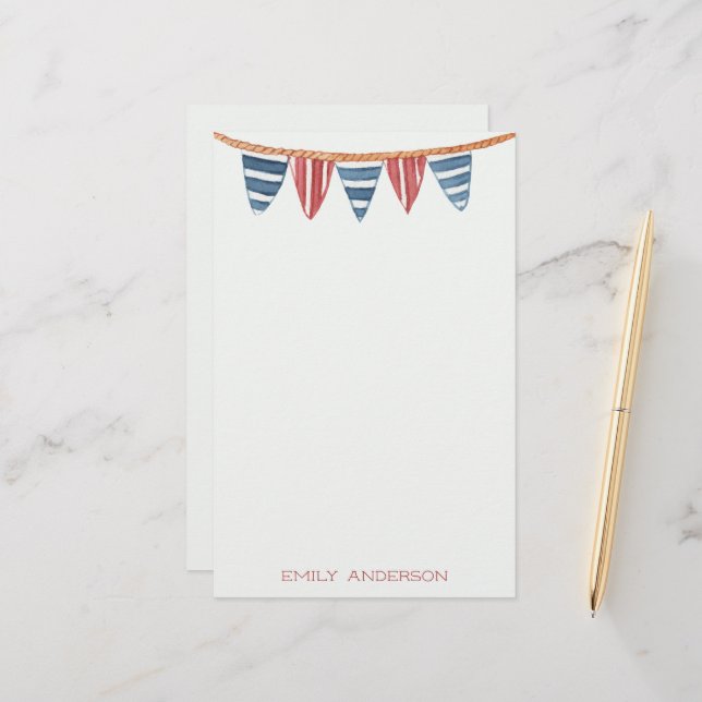 Coastal Nautical Beach Flags Personalized Stationery (Front/Back In Situ)