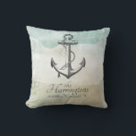Coastal Nautical Beach House Coordinates Throw Pillow<br><div class="desc">A watercolor beach house ocean spray nautical throw pillow,  featuring your family name and custom coordinates shown with a lovely script typography with elegant long  serifs. Search for your beach house town coordinates on any mapping site and enter them in the template field provided,  with your latitude and longitude.</div>