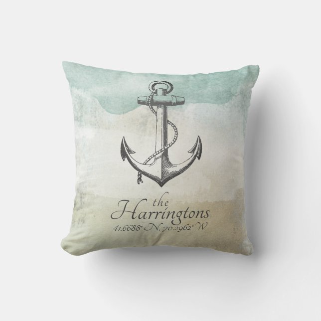 Coastal Nautical Beach House Coordinates Throw Pillow (Front)