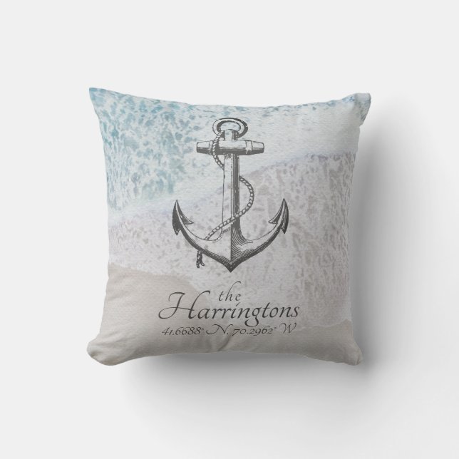 Coastal Nautical Beach House Ocean Spray Name Throw Pillow (Front)