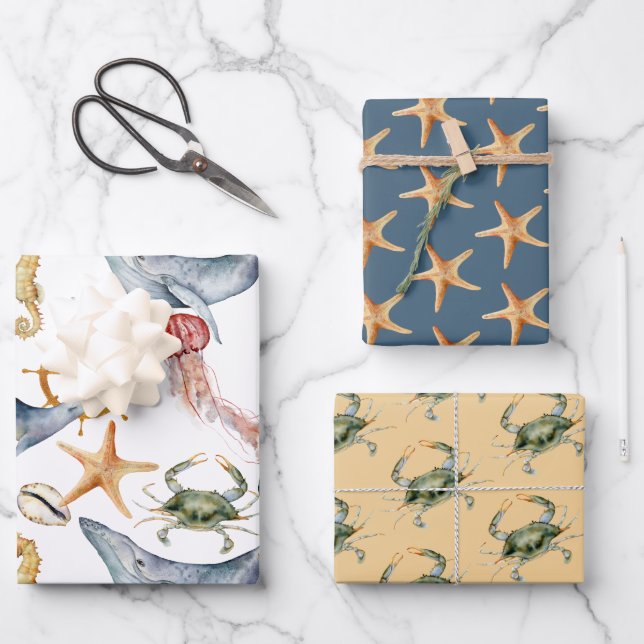 Coastal, Nautical Beach Matching Designs Wrapping Paper Sheets (Front)