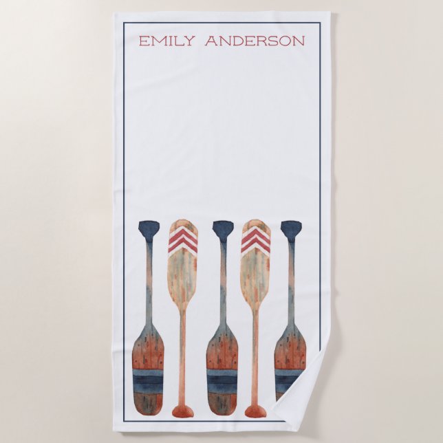 Coastal Nautical Beach Oars Personalized Beach Towel (Front)