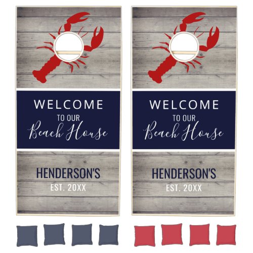 Coastal Nautical Beach Red Lobster Monogram Cornhole Set