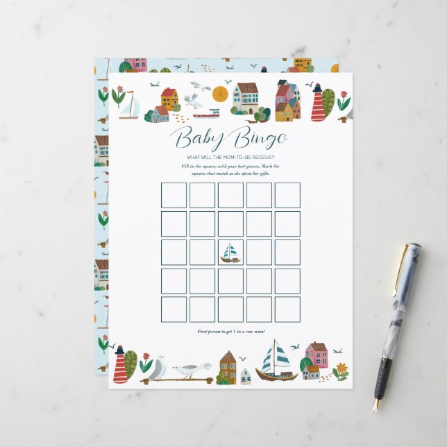 Coastal Nautical Bingo Baby Shower Game (Front/Back In Situ)