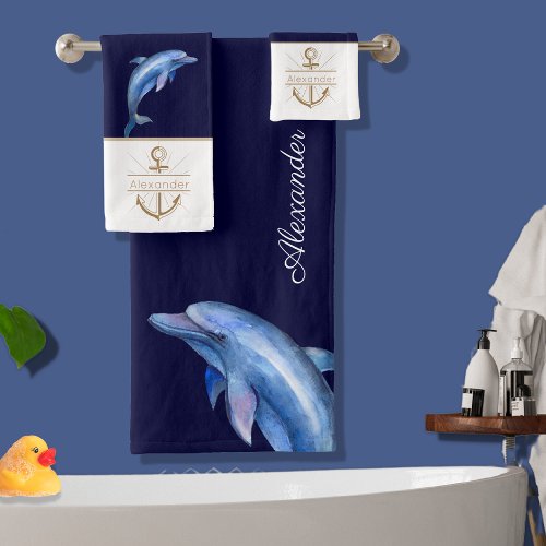 Coastal Nautical Blue Dolphin Watercolor Monogram  Bath Towel Set