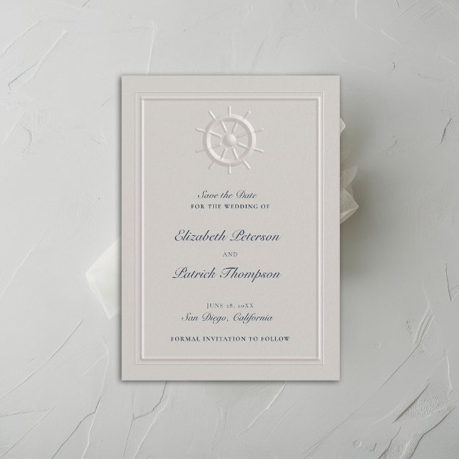 Coastal Nautical Boat Helm Ivory Formal Wedding Save The Date (coastal nautical wedding save the date faux embossed boat helm double frame modern classic navy )