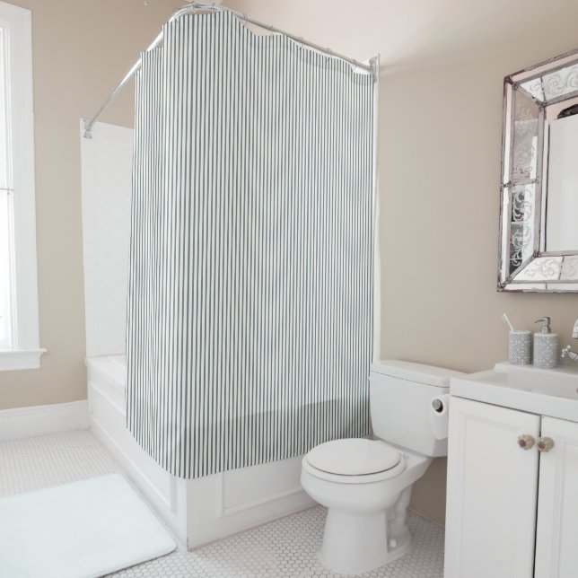 Coastal Nautical Dusty Blue Ticking Striped Shower Curtain (In Situ)