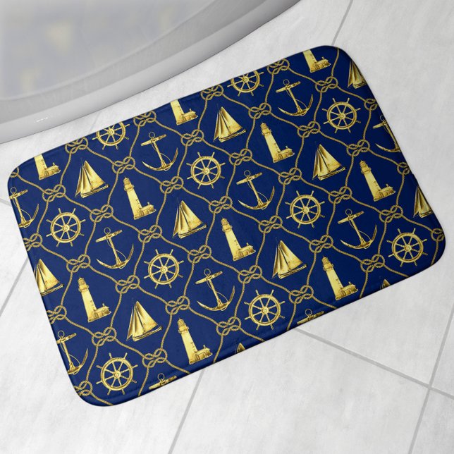 Coastal Nautical Gold and Blue Rope Knots Bath Mat (Creator Uploaded)
