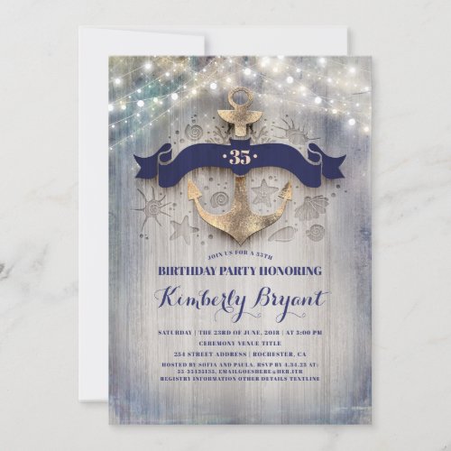 Coastal Nautical Golden Anchor Birthday Party Invitation