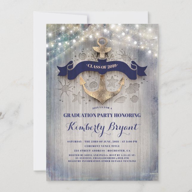 Coastal Nautical Golden Anchor Graduation Party Invitation (Front)