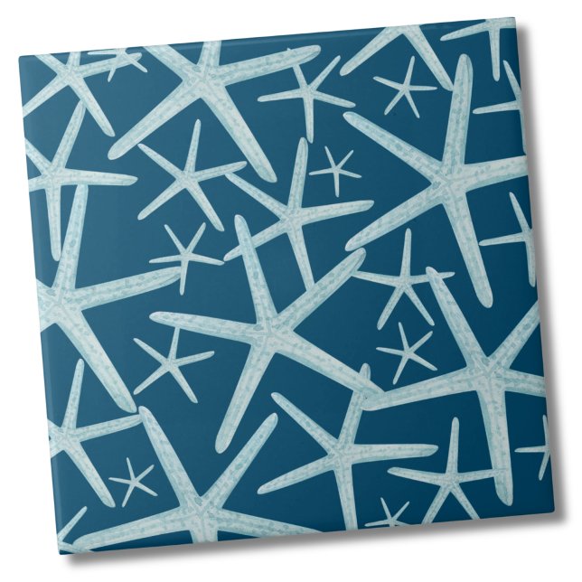 Coastal Nautical Navy Blue Beach Pattern Ceramic Tile (Navy Blue Teal Nautical Starfish Beach Pattern Ceramic Tile)