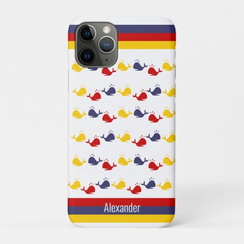  Coastal Nautical Navy BLUE RED YELLOW WHALE   iPhone 11 Pro Case