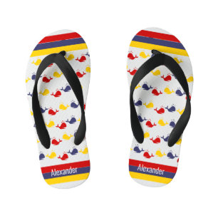 Coastal Nautical Navy BLUE RED YELLOW WHALE    Kid's Flip Flops