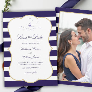 Coastal Nautical Navy Stripe Elegant Photo Wedding Save The Date