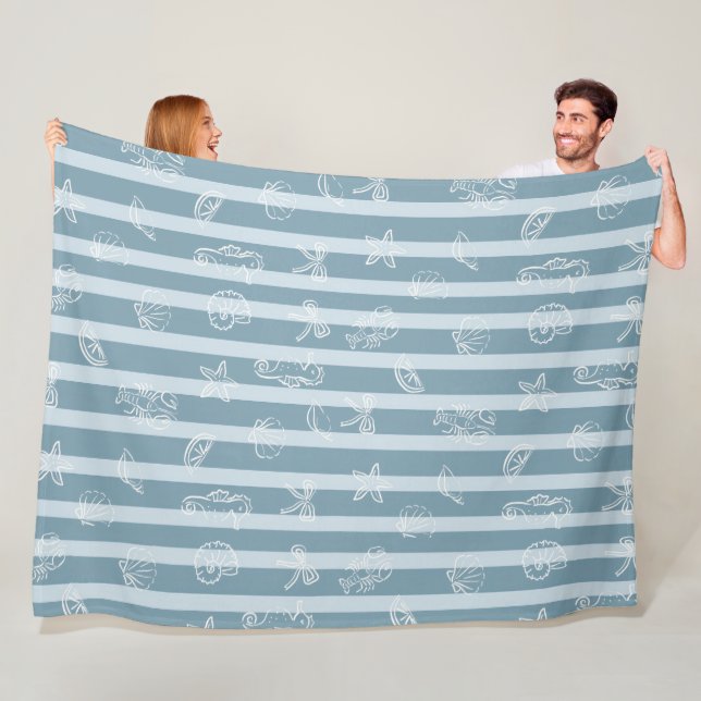 Coastal Nautical Pattern | Blue Sea Shell & Seahor Fleece Blanket (In Situ)