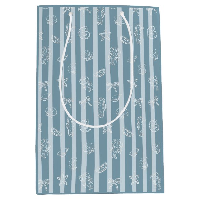 Coastal Nautical Pattern | Blue Sea Shell & Seahor Medium Gift Bag (Front)