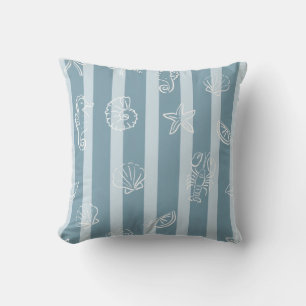 Coastal Nautical Pattern Blue Sea Shell & Seahor Throw Pillow
