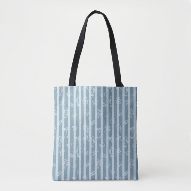 Coastal Nautical Pattern | Blue Sea Shell & Seahor Tote Bag (Front)