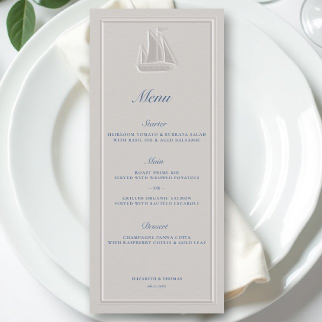 Coastal Nautical Sailboat Elegant Formal Wedding Menu (coastal wedding menu nautical sailboat formal traditional double frame modern classic ivory )
