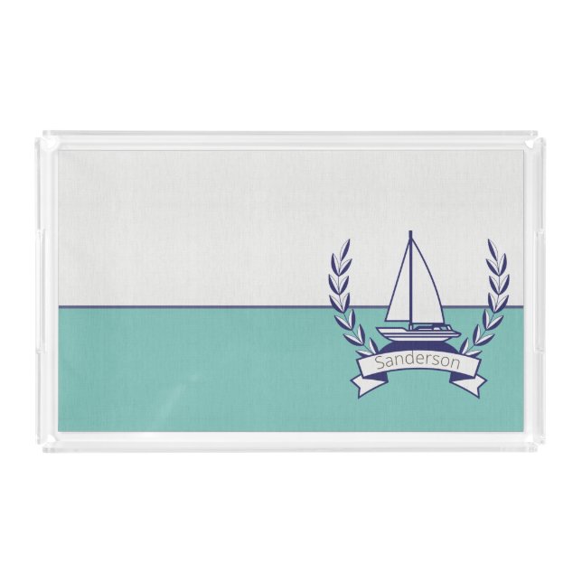Coastal Nautical Sailboat Teal Blue Navy Summer Acrylic Tray (Front)