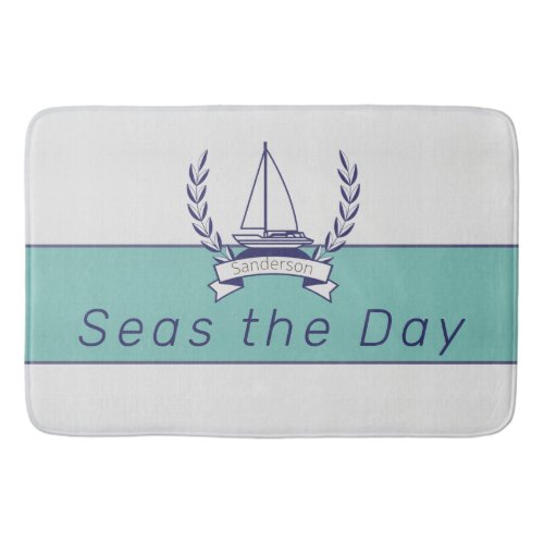 Coastal Nautical Sailboat Teal Blue Navy Summer  Bath Mat