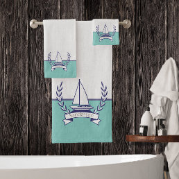 Coastal Nautical Sailboat Teal Blue Navy Summer Bath Towel Set