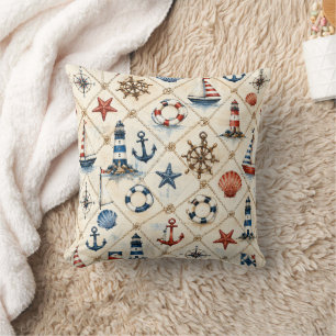 Coastal Nautical Seamless Pattern Throw Pillow