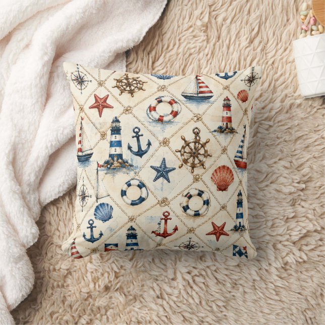 Coastal Nautical Seamless Pattern Throw Pillow (Blanket)