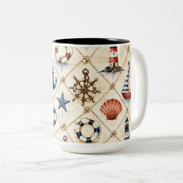 Coastal Nautical Seamless Pattern Two-Tone Coffee Mug (Front Right)
